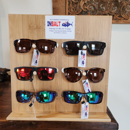 12 pairs Assorted InSalt brand sunglasses w. Bamboo Wood Countertop Display Rack