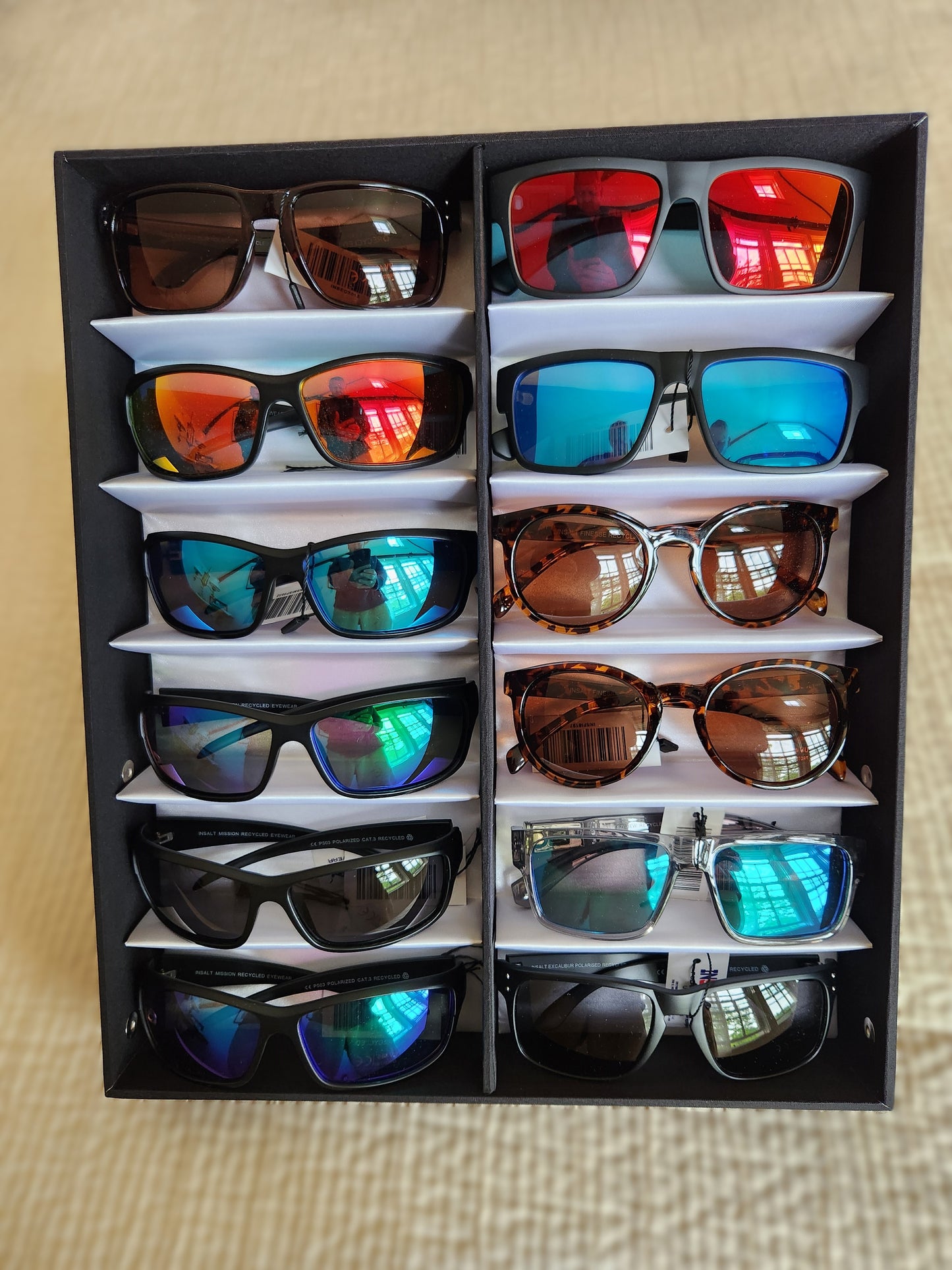 12- Pack  Insalt Brand Polarized Sunglasses with Black Box fabric-covered Display